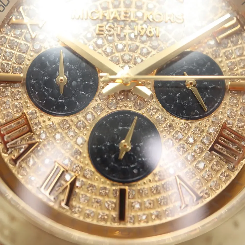 Michael Kors Layton Glitz Gold Black Chronograph 44mm Watch Blue Leather Strap